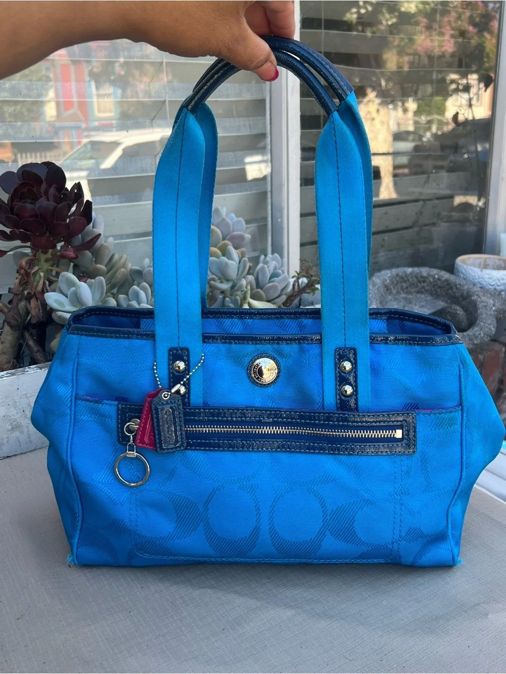 Coach Bright Blue Signature Canvas Tote with Navy Trim